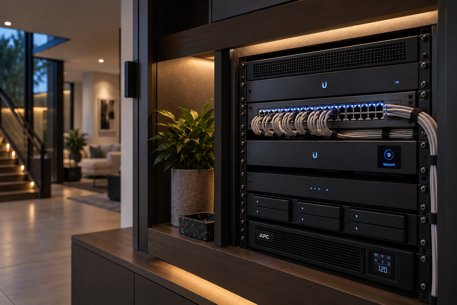 A structured network rack built into the cabinetry, cabled and labeled