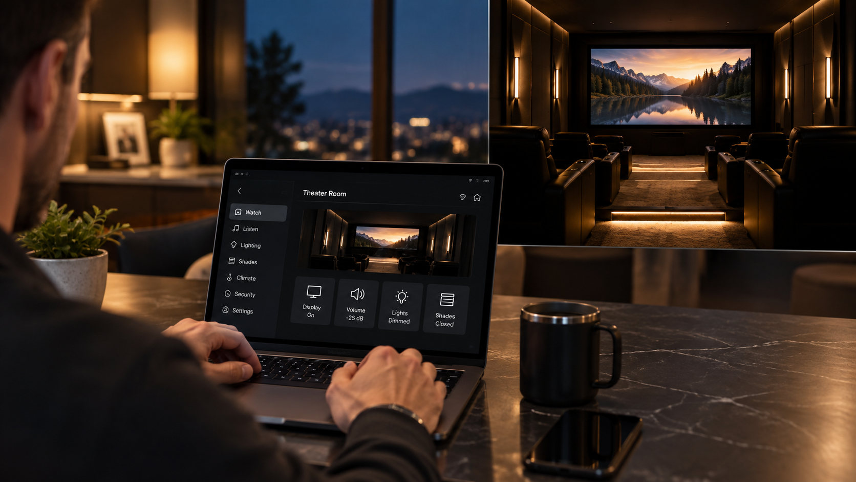 A home theater being adjusted remotely from a laptop