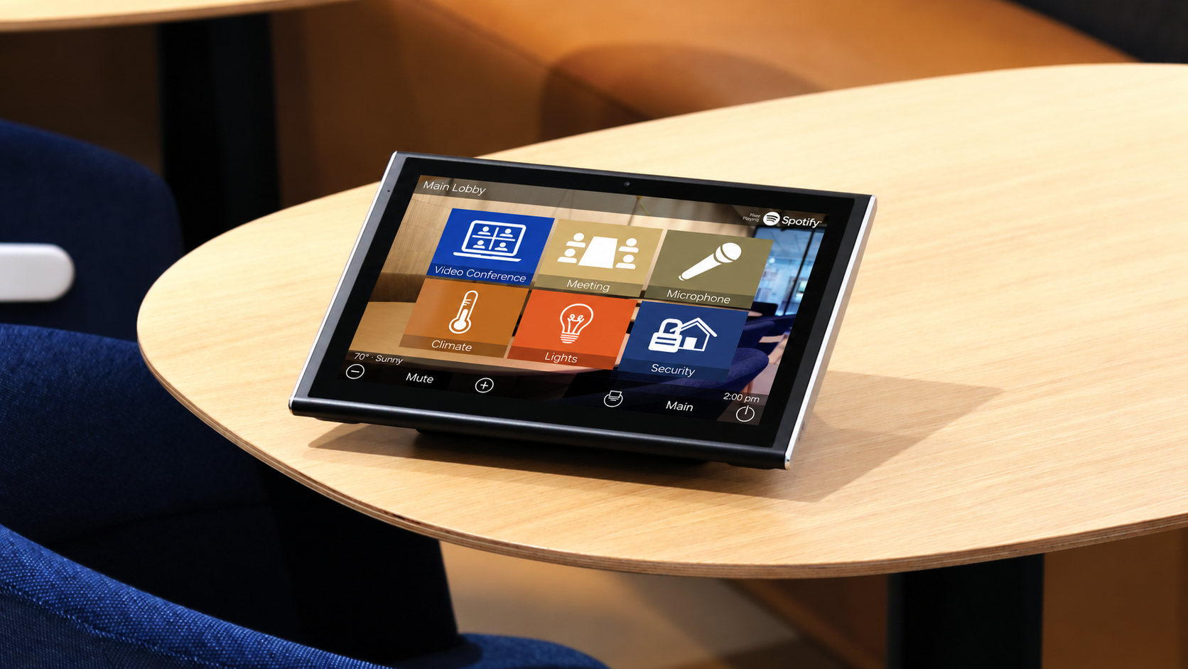 A URC touch panel on a table running every source in the room